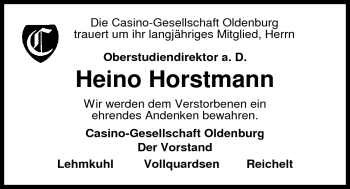 Traueranzeige von Heino Horstmann von Nordwest-Zeitung