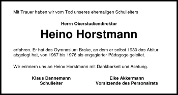 Traueranzeige von Heino Horstmann von Nordwest-Zeitung