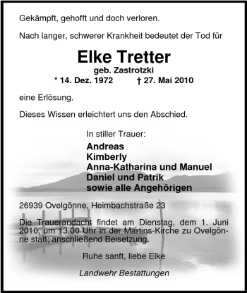 Traueranzeige von Elke Tretter von Nordwest-Zeitung
