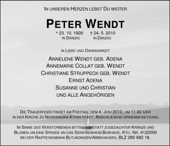 Traueranzeige von Peter Wendt von Nordwest-Zeitung