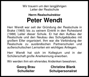 Traueranzeige von Peter Wendt von Nordwest-Zeitung