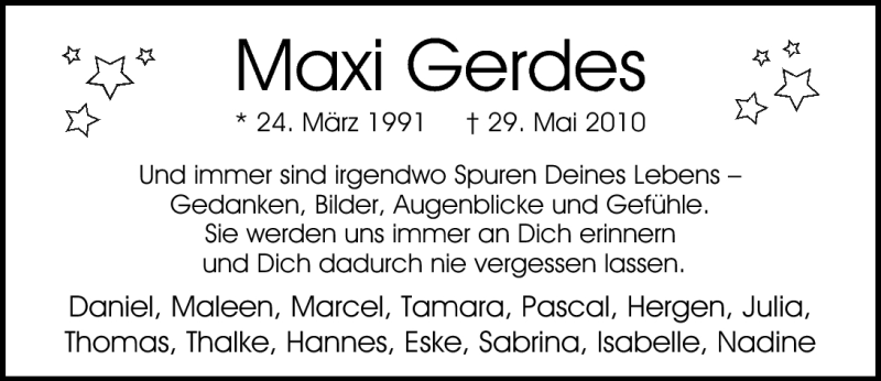  Traueranzeige für Maximilian Gerdes vom 02.06.2010 aus Nordwest-Zeitung