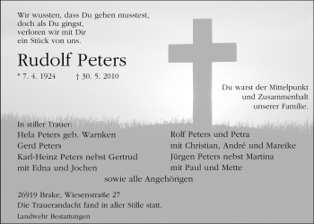 Traueranzeige von Rudolf Peters von Nordwest-Zeitung