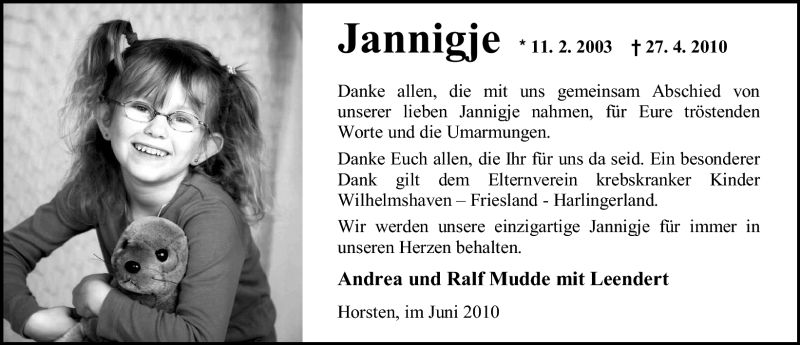  Traueranzeige für Jannigje Sophie Mudde vom 05.06.2010 aus Nordwest-Zeitung
