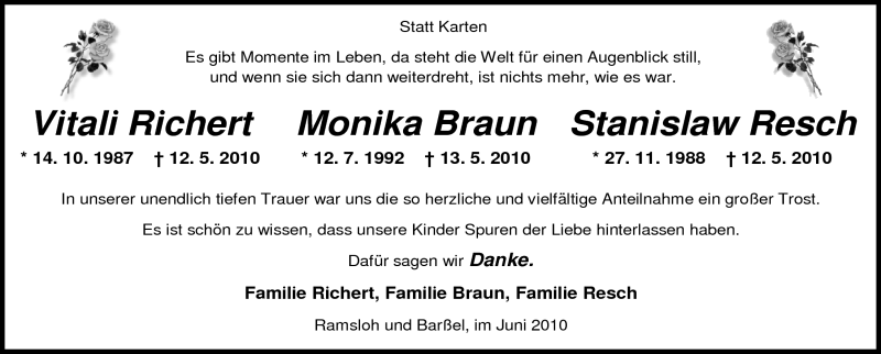  Traueranzeige für  Vitali Richert, Monika Braun, Stanislaw Resch vom 05.06.2010 aus Nordwest-Zeitung