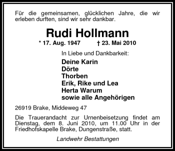 Traueranzeige von Rudi Hollmann von Nordwest-Zeitung