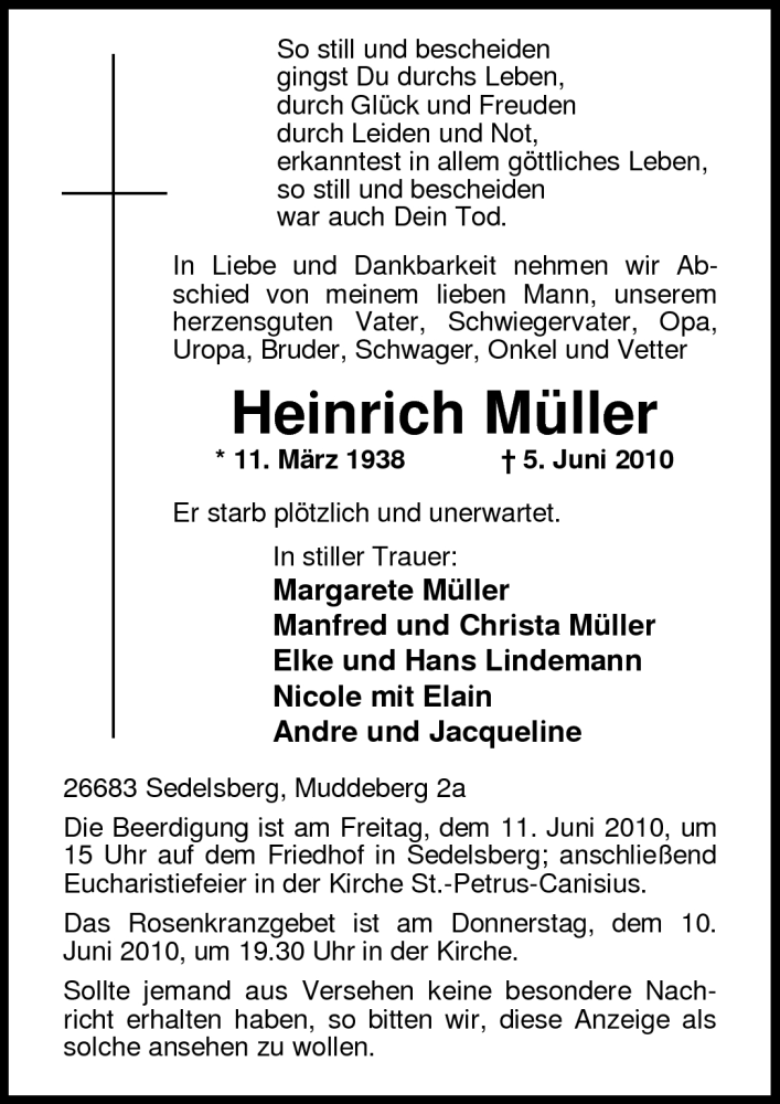  Traueranzeige für Heinrich Müller vom 08.06.2010 aus Nordwest-Zeitung