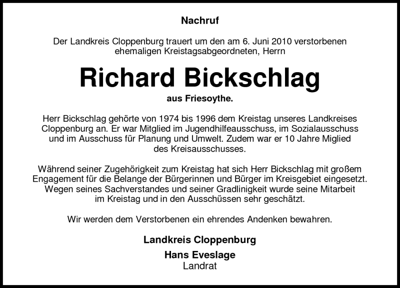  Traueranzeige für Richard Bickschlag vom 09.06.2010 aus Nordwest-Zeitung