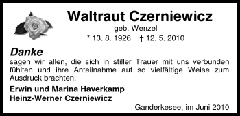 Traueranzeige von Waltraut Czerniewicz von Nordwest-Zeitung