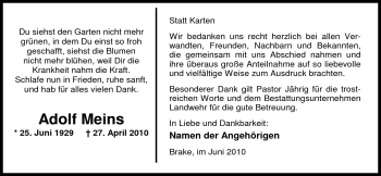 Traueranzeige von Adolf Meins von Nordwest-Zeitung