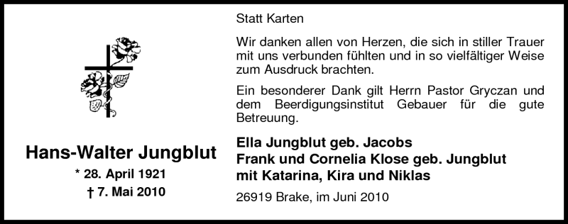  Traueranzeige für Hans-Walter Jungblut vom 11.06.2010 aus Nordwest-Zeitung