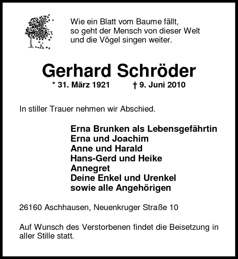  Traueranzeige für Gerhard Schröder vom 12.06.2010 aus Nordwest-Zeitung