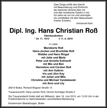 Traueranzeige von Dipl. Ing. Hans Christian Roß von Nordwest-Zeitung