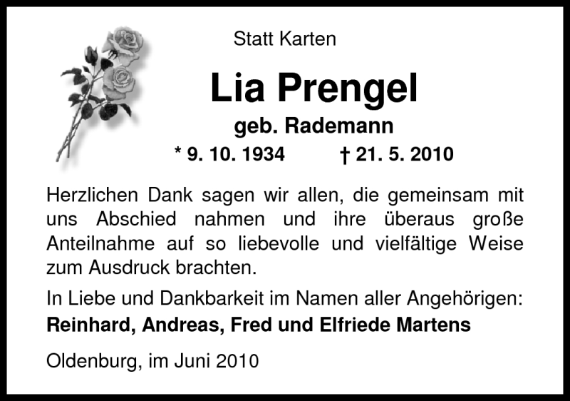  Traueranzeige für Lia Prengel vom 16.06.2010 aus Nordwest-Zeitung