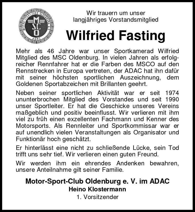  Traueranzeige für Wilfried Fasting vom 15.06.2010 aus Nordwest-Zeitung
