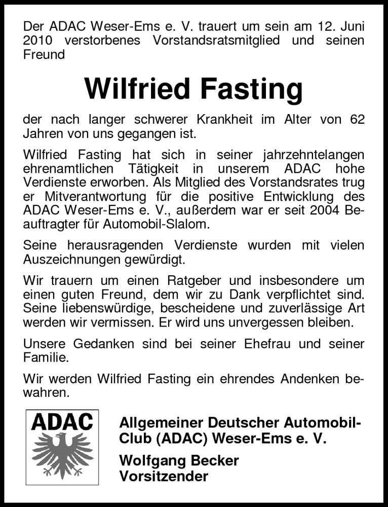  Traueranzeige für Wilfried Fasting vom 15.06.2010 aus Nordwest-Zeitung