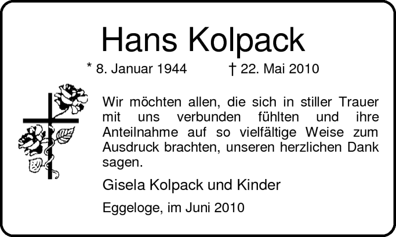  Traueranzeige für Hans Kolpack vom 19.06.2010 aus Nordwest-Zeitung