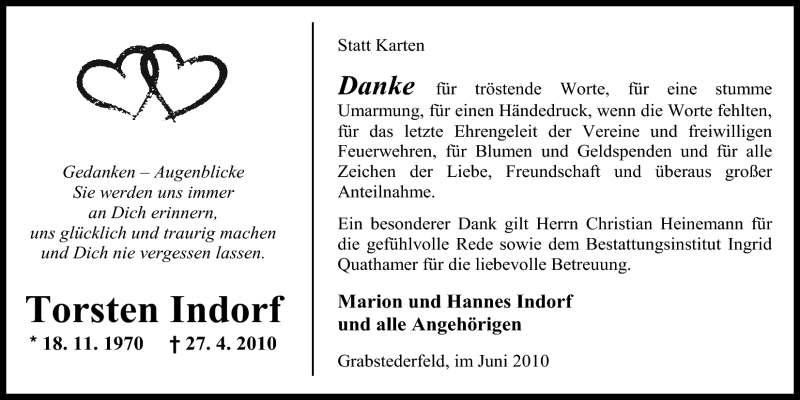  Traueranzeige für Torsten Indorf vom 19.06.2010 aus Nordwest-Zeitung