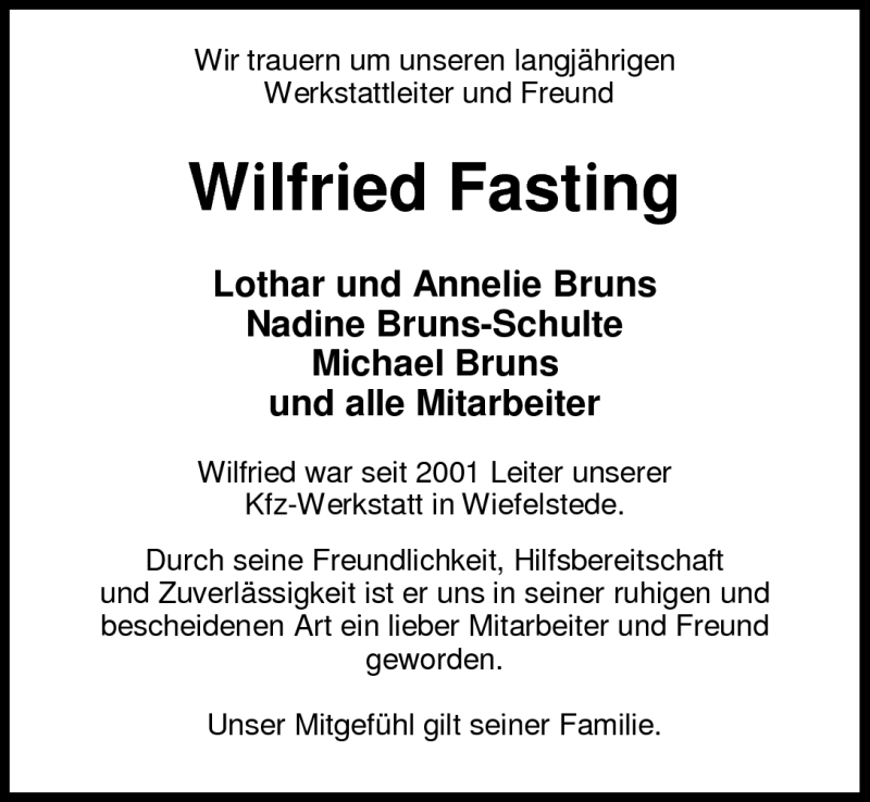  Traueranzeige für Wilfried Fasting vom 16.06.2010 aus Nordwest-Zeitung