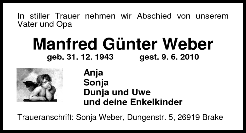  Traueranzeige für Manfred Günter Weber vom 16.06.2010 aus Nordwest-Zeitung