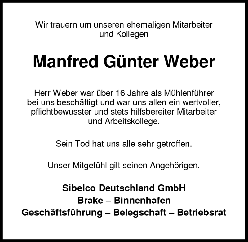  Traueranzeige für Manfred Günter Weber vom 17.06.2010 aus Nordwest-Zeitung