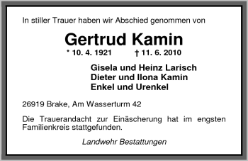 Traueranzeige von Gertrud Kamin von Nordwest-Zeitung