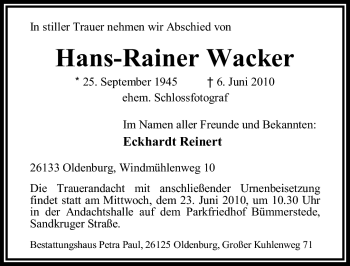 Traueranzeige von Hans-Rainer Wacker von Nordwest-Zeitung
