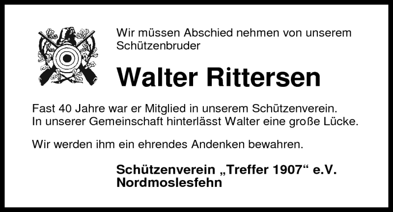  Traueranzeige für Walter Rittersen vom 22.06.2010 aus Nordwest-Zeitung