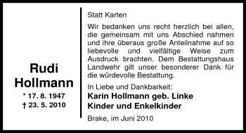 Traueranzeige von Rudi Hollmann von Nordwest-Zeitung