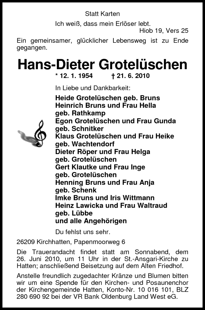  Traueranzeige für Hans-Dieter Grotelüschen vom 23.06.2010 aus Nordwest-Zeitung