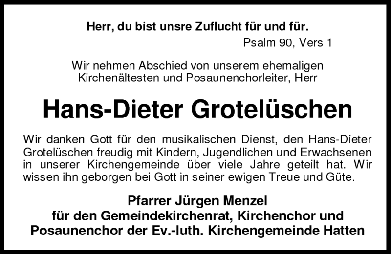  Traueranzeige für Hans-Dieter Grotelüschen vom 24.06.2010 aus Nordwest-Zeitung