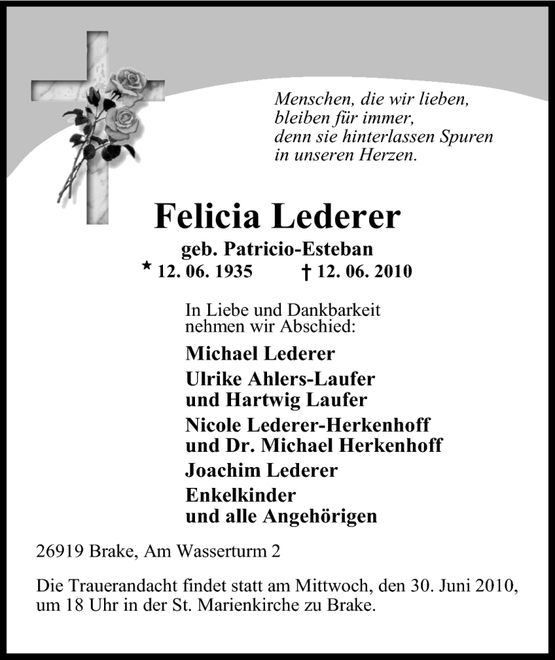  Traueranzeige für Felicia Lederer vom 26.06.2010 aus Nordwest-Zeitung