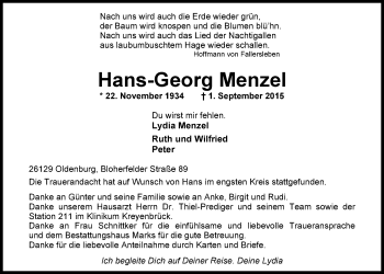 Traueranzeige von Hans-Georg Menzel von Nordwest-Zeitung