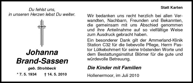  Traueranzeige für Johanna Brand-Sassen vom 03.07.2010 aus Nordwest-Zeitung