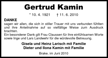 Traueranzeige von Gertrud Kamin von Nordwest-Zeitung
