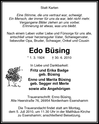 Traueranzeige von Edo Buesing von Nordwest-Zeitung