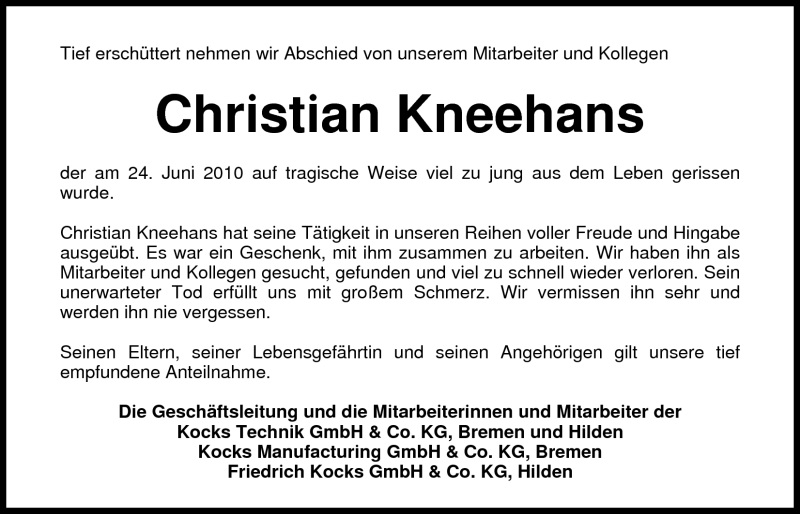  Traueranzeige für Christian Kneehans vom 05.07.2010 aus Nordwest-Zeitung