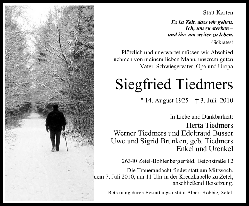  Traueranzeige für Siegfried Tiedmers vom 05.07.2010 aus Nordwest-Zeitung
