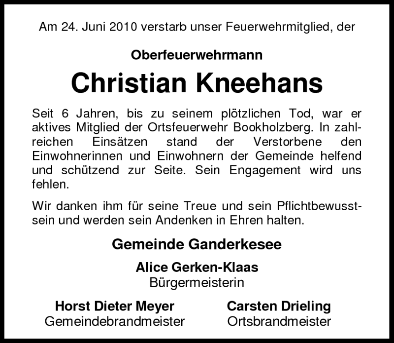  Traueranzeige für Christian Kneehans vom 05.07.2010 aus Nordwest-Zeitung