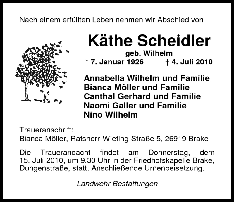  Traueranzeige für Käthe Scheidler vom 07.07.2010 aus Nordwest-Zeitung