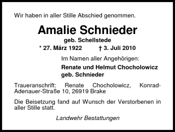 Traueranzeige von Amalie Schnieder von Nordwest-Zeitung