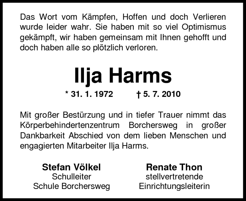  Traueranzeige für Ilja Harms vom 08.07.2010 aus Nordwest-Zeitung