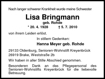 Traueranzeige von Lisa Bringmann von Nordwest-Zeitung