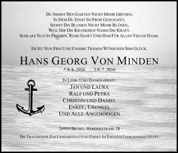 Traueranzeige von Hans Georg von Minden von Nordwest-Zeitung