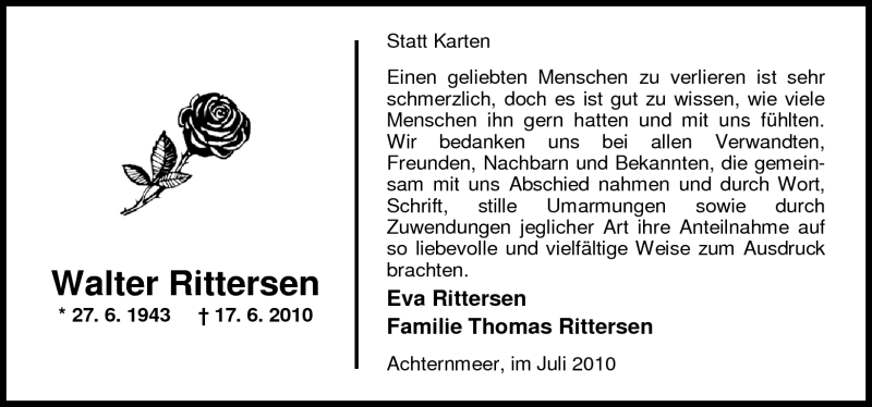  Traueranzeige für Walter Rittersen vom 14.07.2010 aus Nordwest-Zeitung