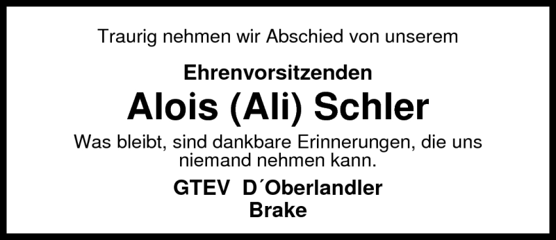  Traueranzeige für Alois Schler vom 15.07.2010 aus Nordwest-Zeitung