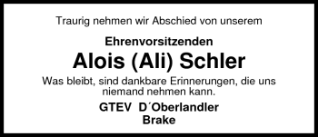 Traueranzeige von Alois Schler von Nordwest-Zeitung