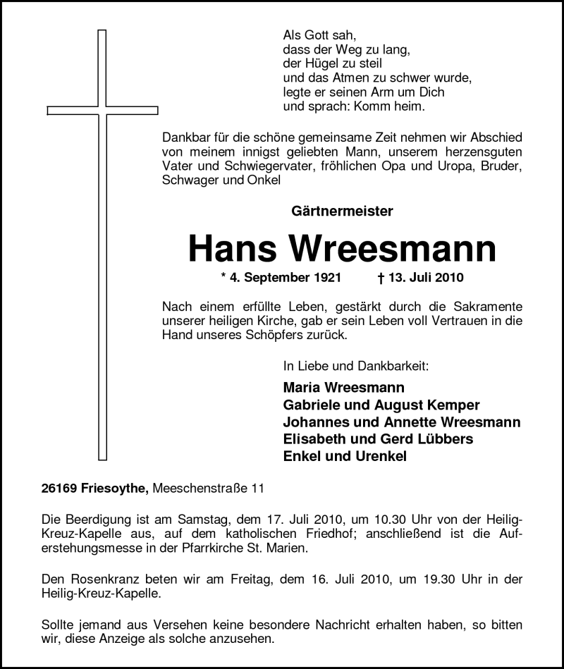  Traueranzeige für Hans Wreesmann vom 15.07.2010 aus Nordwest-Zeitung