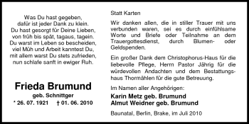 Traueranzeige von Frieda Brumund von Nordwest-Zeitung