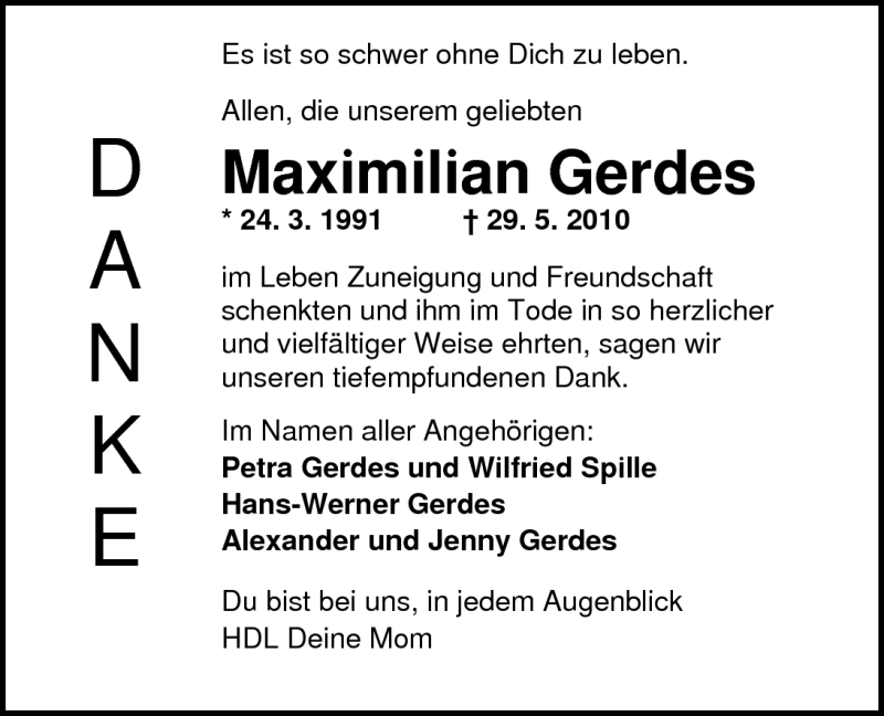  Traueranzeige für Maximilian Gerdes vom 17.07.2010 aus Nordwest-Zeitung